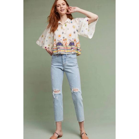 Anthropologie Eliot Embroidered Cotton Popover Blouse XS Boho Top - Picture 2 of 8